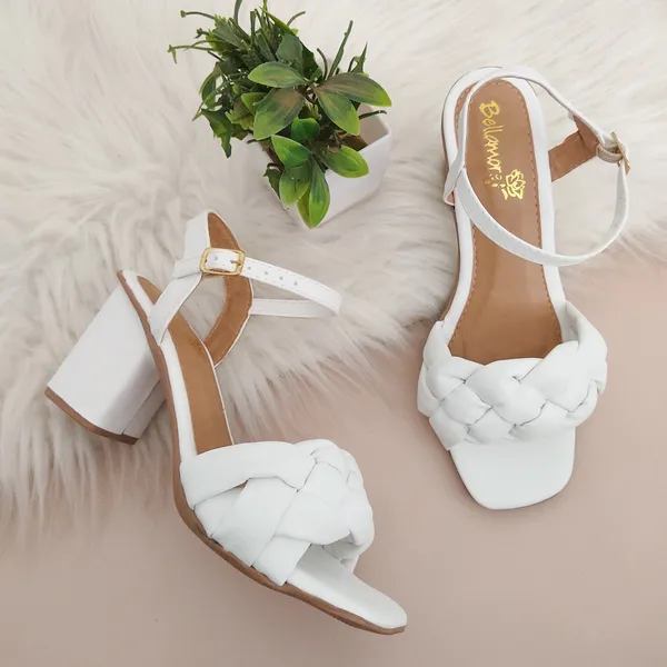 Sandalia Femenina Salto Grosso Médio Com Trança Confort Promoção Nude,Branco,Rosa,Preto,Dourado