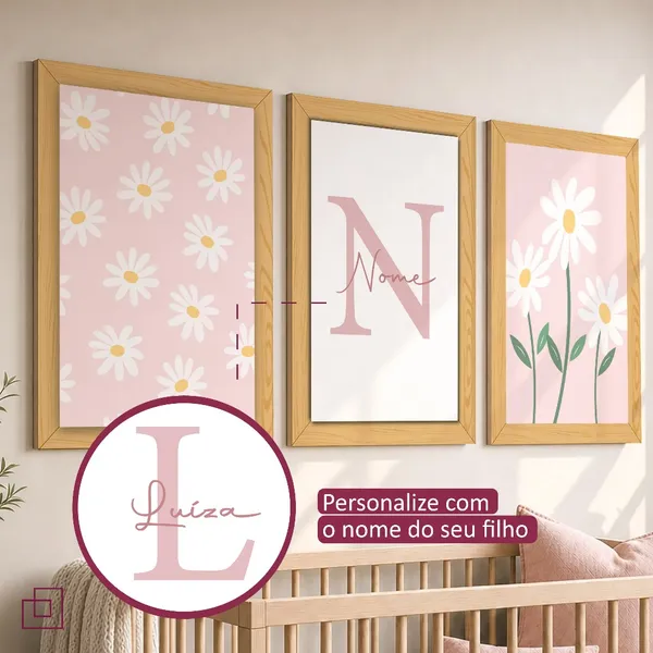 Quadros Decorativos Margaridas, Kit 3 Peças Quadro Irmãs, Decoração Quarto Meninas, Moldura Fake