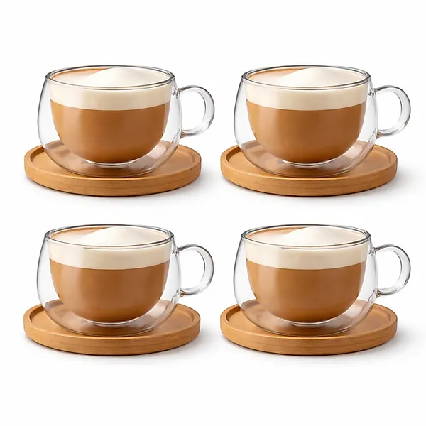 Xicaras Vidro Duplo 140ml Com Pires Caneca Parede Dupla 4un