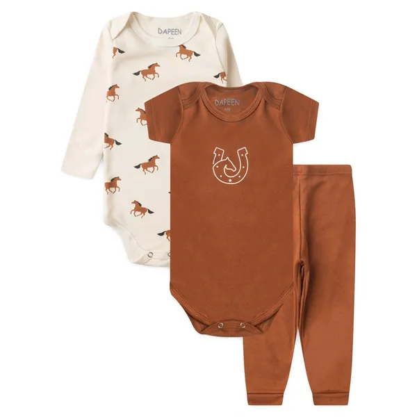 Kit Roupas Bebê Menino Algodão Body Mijão Pagão Estampa Cavalo Off White