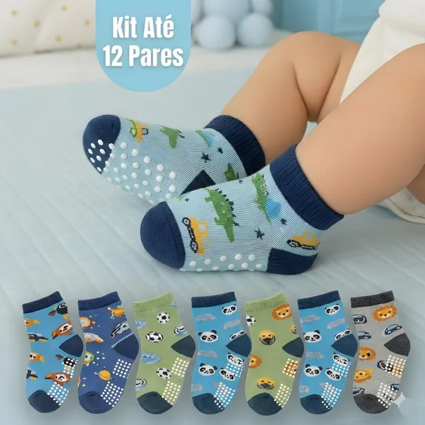 Kit 12 Pares de Meias Bebê Menino Antiderrapantes Algodão Confortáveis 0–24 Meses Infantil