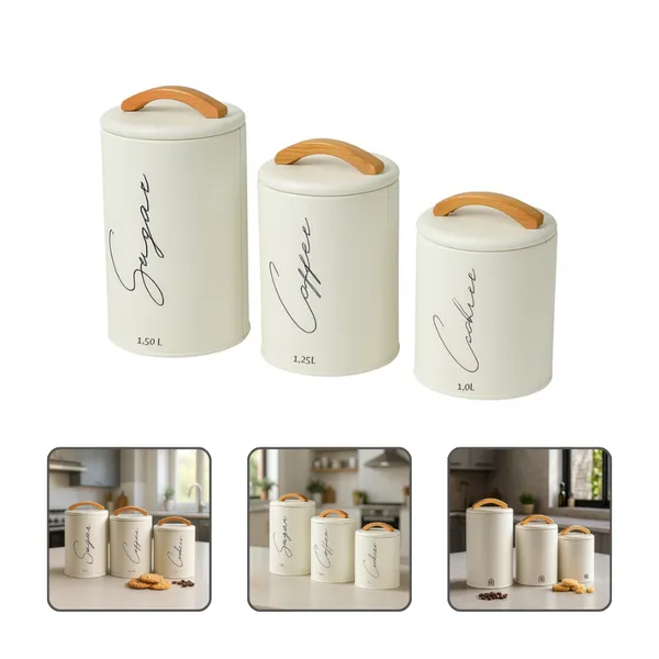 KIT 3 POTES HERMéTICOS MANTIMENTOS LATA COM TAMPA E ALçA EM BAMBU AçúCAR CAFé E COOKIES