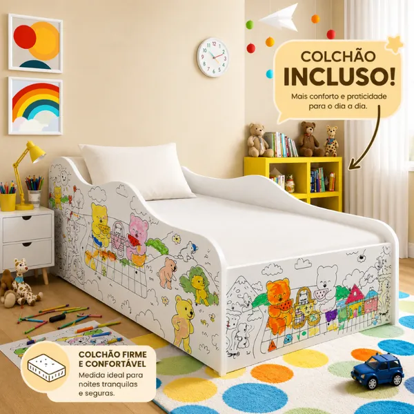 Mini Cama Infantil com Colchão para Pintar/Colorir com Ursos, Proteção Lateral – Cama Carro Criança