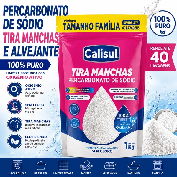 Percarbonato de Sódio 500g / 1kg /2kg 100% Puro Calisul Tira Manchas Alvejante Sem Cloro Limpeza Profunda Roupas Brancas