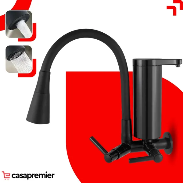 Torneira Pia Cozinha Preta Parede Com Filtro Gourmet ​2 Jatos Abs