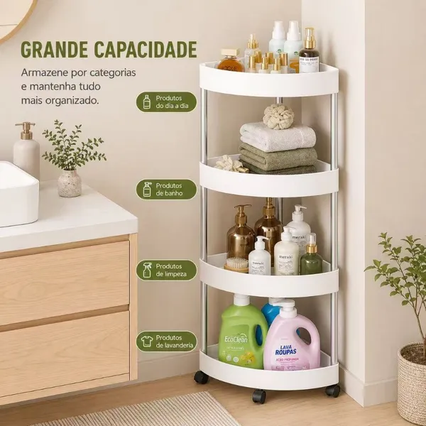 🛁 Organizador de Canto 4 Andares com Rodinhas Prateleira Multiuso para Banheiro Cozinha Lavanderia