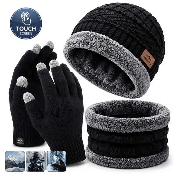 Kit Inverno Touca Forrada + Luva Touch Screen + Cachecol Gola Quente Unissex Frio Masculino Feminino