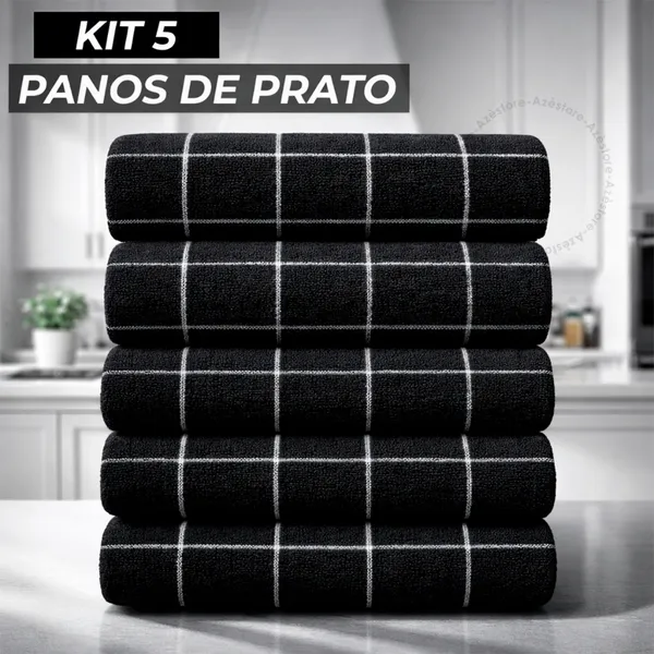 Kit 5 Panos de Prato Grosso Toalhado Listrado Preto 100% Algodão Cozinha
