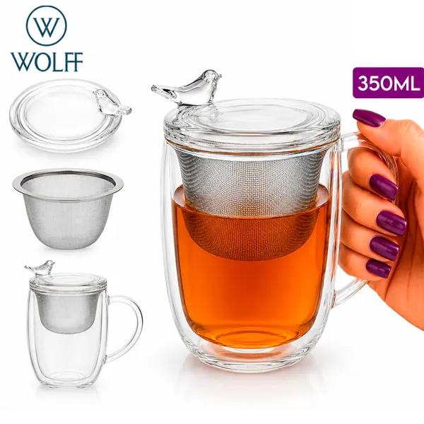 Caneca de Vidro com Tampa e Filtro Bird Borossilicato 350ml Cristal Chá Com Filtro Infusor Wolff