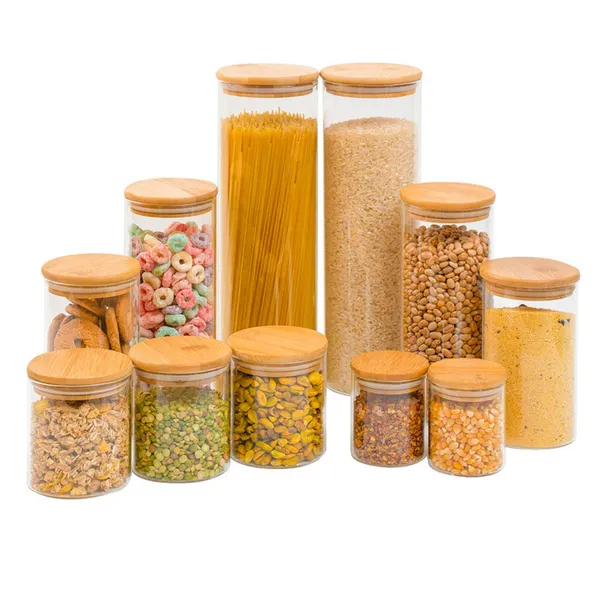 KIT 11 POTES DE VIDRO COM TAMPA DE BAMBU HERMéTICOS REDONDOS - TüD