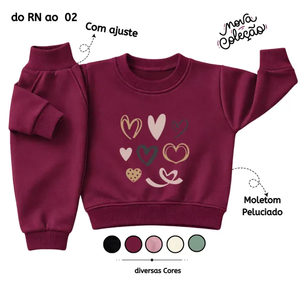 Conjunto de Frio Moletom Peluciado Menina Bebê 100% algodão Abrigo Grosso Flanelado Rosa kit 2 peças