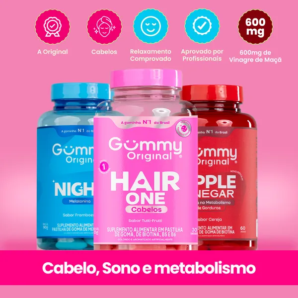 Kit Gummy Night Hair e Vinagre de Maçã 3 Frascos Melatonina Biotina Apple Cider Vinegar