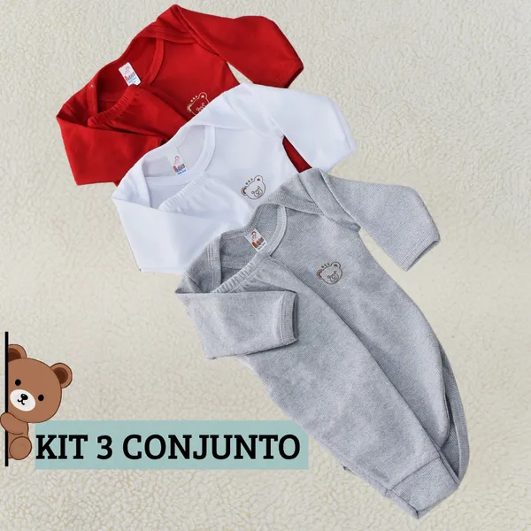 Kit 3 Conjunto Body Manga Longa e Calça Mijão Gola Americana Unissex Estampado Inverno Confortável