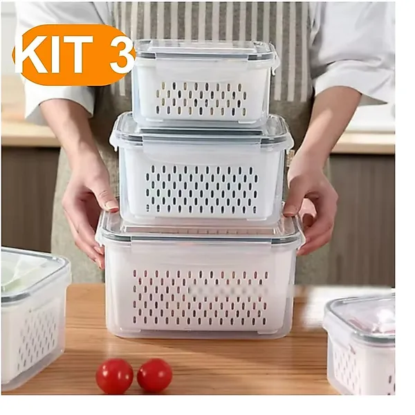 Kit 3 potes herméticos com tampa de vedação segura e design empilhável para geladeira