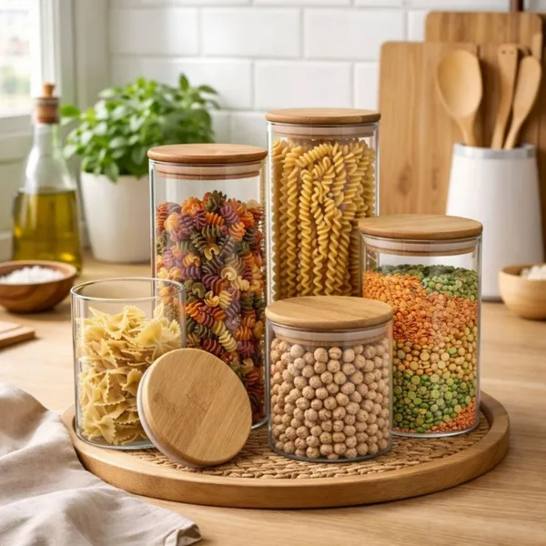 Conjunto 5 Potes Grande Organizador Hermético Vidro Em Bambu