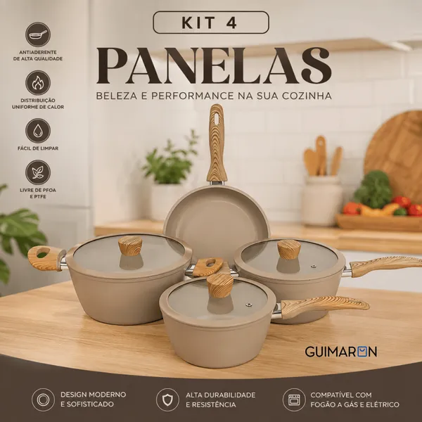 Jogo de Panelas 7 Peças Cerâmica Antiaderente Indução Gás Tampa Vidro Cabo Madeira Cozinha
