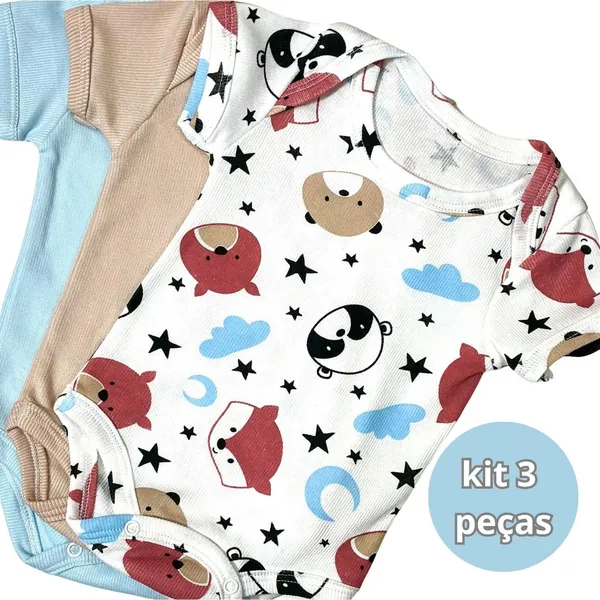 Kit 3 Body Manga Curta Estampado+Liso Roupa de Bebê Malha Canelada Algodão Menino Enxoval