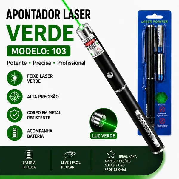 Apontador Laser Verde 103 303 710 Alta Precisão Recarregável e Bateria para Apresentações e Ensino