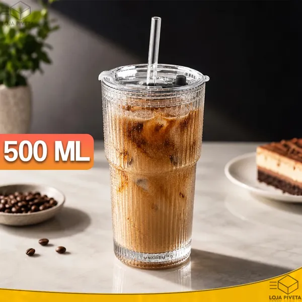 Copo Caneca de Vidro Groove Canelado Com Tampa e Canudo 500ml Vedação Hermética Capuccino Água Suco