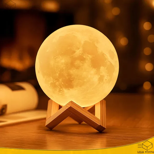 Luminária Lua Cheia 3D Luz Quente 10cm Com Suporte Abajur LED Decoração Sem Fio Enfeite