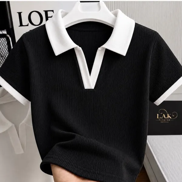 Blusa Polo Feminina Bicolor Manga Curta Ribana Premium Canelada Elegante