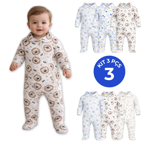 Kit 3 Macacão Longo Bebê Ribana Estampada Algodão com Zíper Menina Menino Enxoval Maternidade