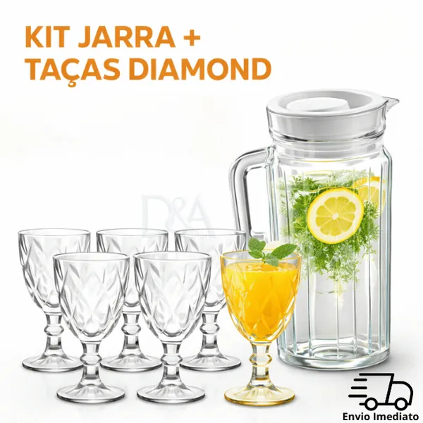 Kit Taças Diamond 320ml + Jarra | 4 ou 6 Taças Vidro Premium