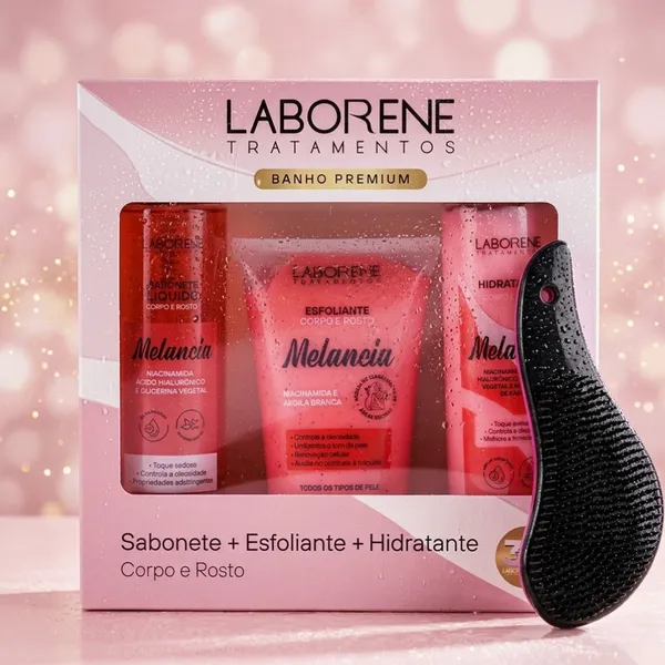 KIT BANHO PREMIUM CORPO E ROSTO SABONETE 200ML, ESFOLIANTE 170G E HIDRATANTE 200ML + ESCOVA MÁGICA