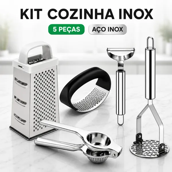 KIT 5 Peças Inox Cozinha | Amassador Batata e Alho, Descascador, Espremedor Limão e Ralador 4 Faces