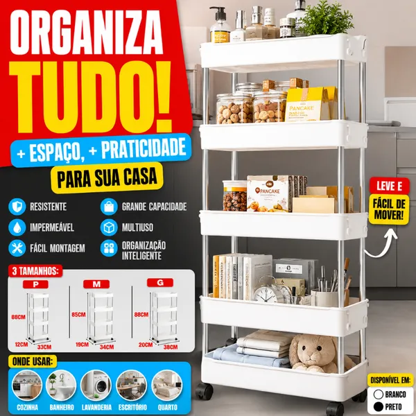 Prateleira Carrinho Auxiliar Organizador de Objetos Multiuso 4 Andares com Rodinhas P, M, G ou Kit 3