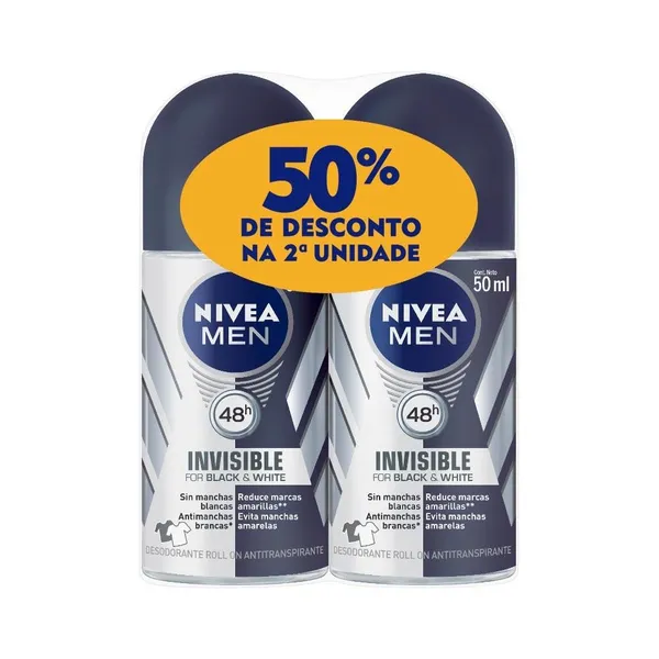 DESODORANTE NIVEA MASCULINO ROLL ON BLACK E WHITE 2 UNIDADES DE 50ML  PROMOCIONAL