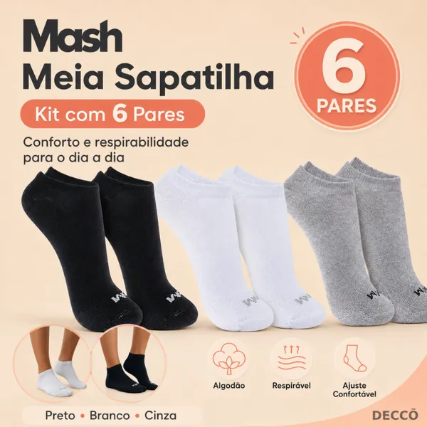 Kit com 6 Pares de Meias Sport Mash Cano Curto em Algodão Unissex para Corrida e Caminhada