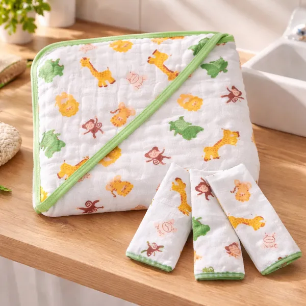 kit 1 Toalha Banho Soft ​Bebe Capuz Fralda Grossa + 3 paninhos boca 100% Algodão Menino Menina