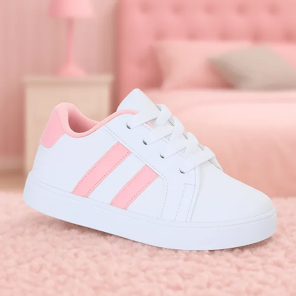 Tenis Calçado Infantil de Menina Branco Listra Rosa Escolar Confortável