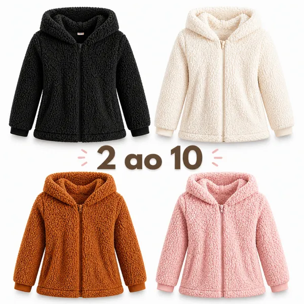 Blusa Infantil Sherpa com Zíper e Touca Casaco Quentinho Inverno Menino Menina 2 a 10 Anos