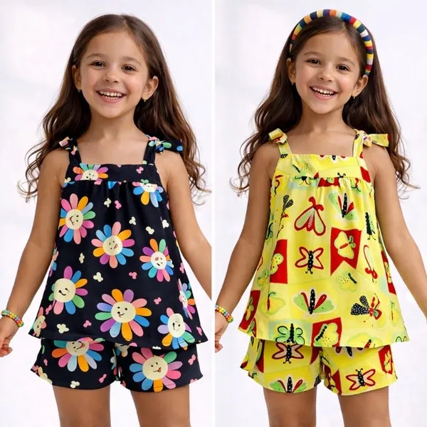 Conjunto Infantil Menina Estampa Colorida Short e Blusa Casual Verão Juvenil 2 ao 10 anos Viscolinho