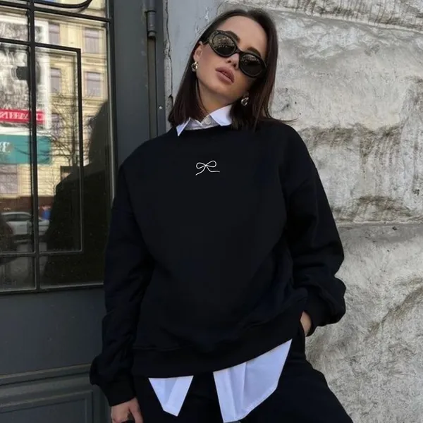 Blusa de Frio Moletom Algodão Feminino Gola Redonda Laço Blusão Tendência Moda Casaco Blogueira