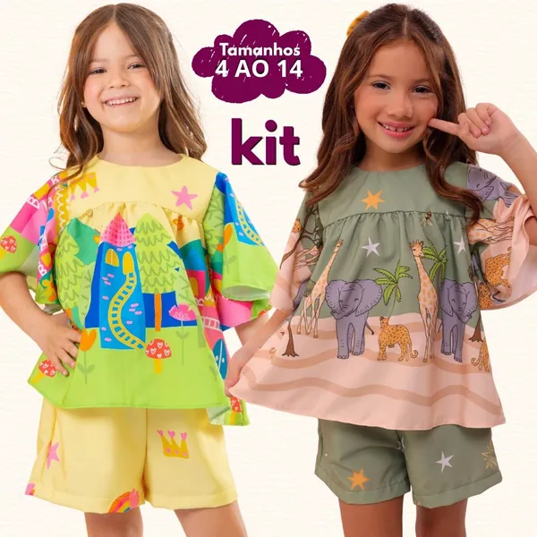 Kit 2 Conjunto Infantil Menina Premium Colorido Estampado Soltinho Confortável Casual