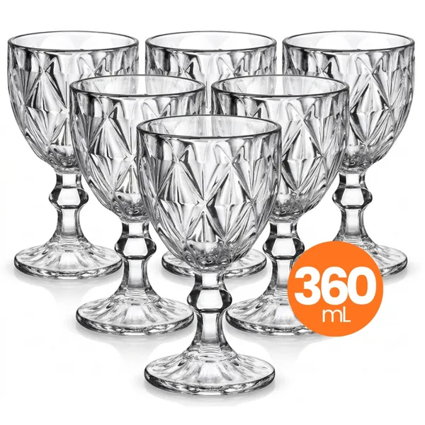 JOGO 6 TAÇAS VIDRO DIAMOND 360ML CONJUNTO MESA POSTA ÁGUA SUCO COZINHA DECORAÇÃO PRESENTE