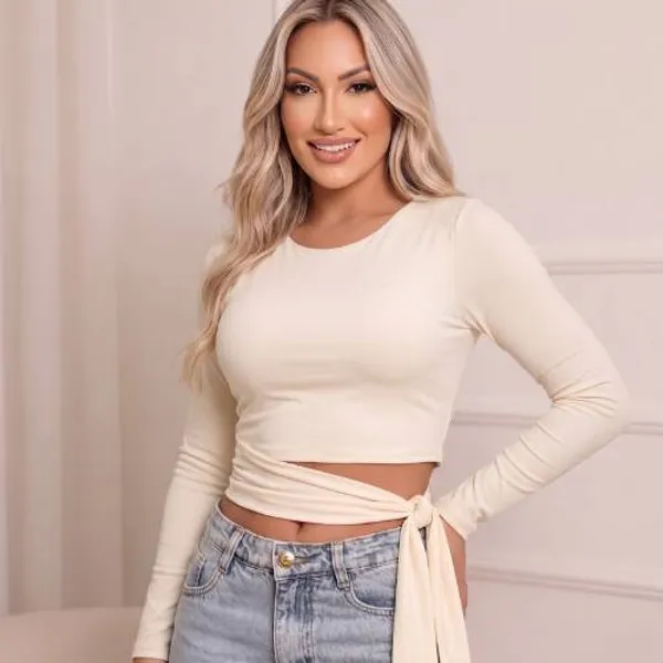 Blusa Feminina Manga Longa Amarração Laço Lateral Cropped  Suplex Moda Blogueira Lançamento Estilosa