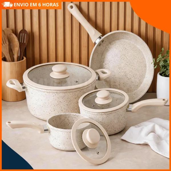 Conjunto Panelas Cerâmica Antiaderente 4 Peças Cabos Toque Amadeirado  Gás Cozinha Completa Saudável Prática Luxo