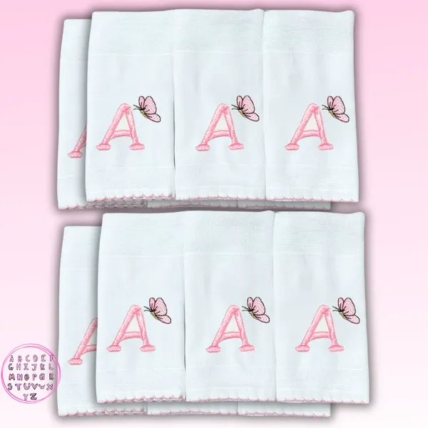 Kit 10 Boca Fralda Personalizado Com Inicial Do Nome Do Bebe Menino Menina Hipoalergênico Bordado