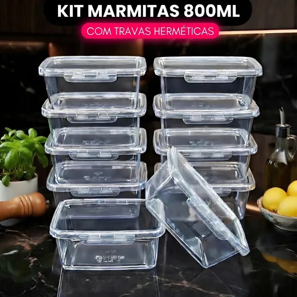 Kit Potes Hermeticos com Trava 800ml Jogo de Marmitas