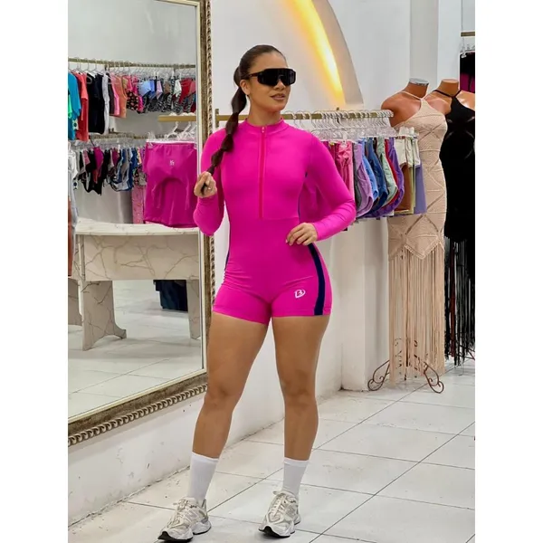 Macaquinho Short Manga Longa C/Ziper Moda Gringa Feminino