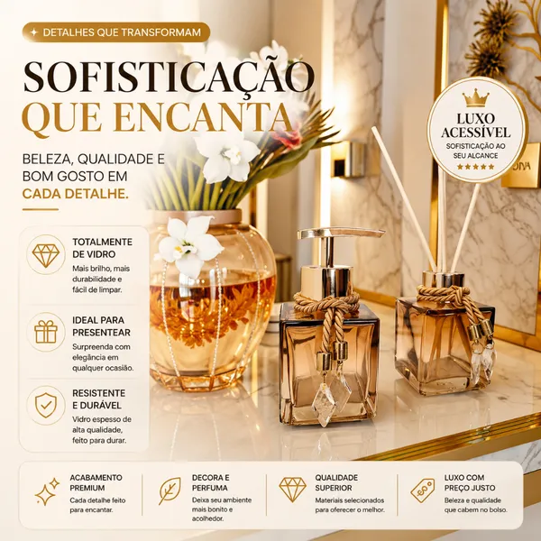 Kit Lavabo Vidro Luxo Com Bandeja Branco Vidro Ambar Banheiro Aroma Difusor