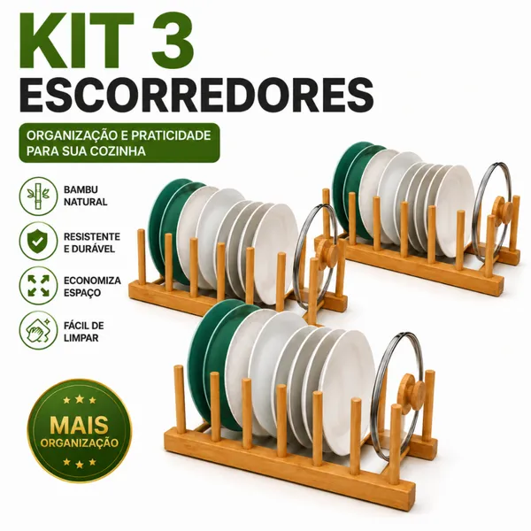 Kit 3 Escorredor Organizados Suporte Bambu Madeira Porta Prato Louça Copos
