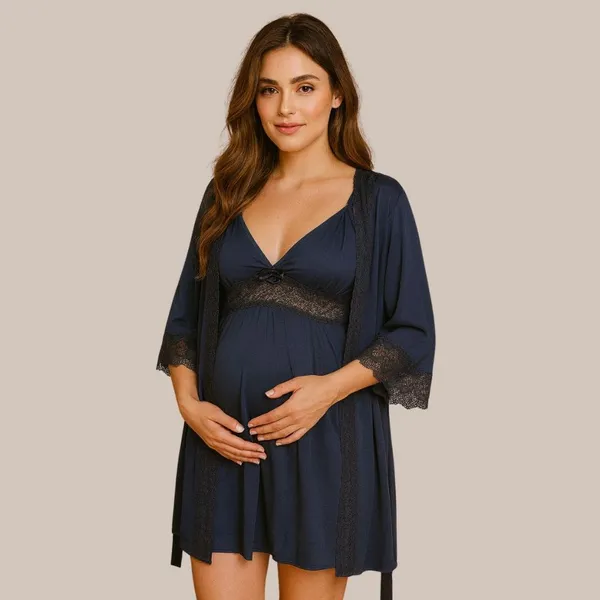 KIT Camisola Amamentação Maternidade e Pós Parto + Robe em Microfibra com Renda.