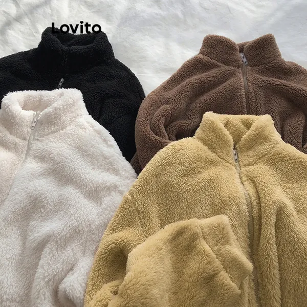 Lovito Casual ​Casaco Academia Feminino Liso Básico com Zíper LNE29211 (Damasco/Marrom/Cáqui Claro/Preto)