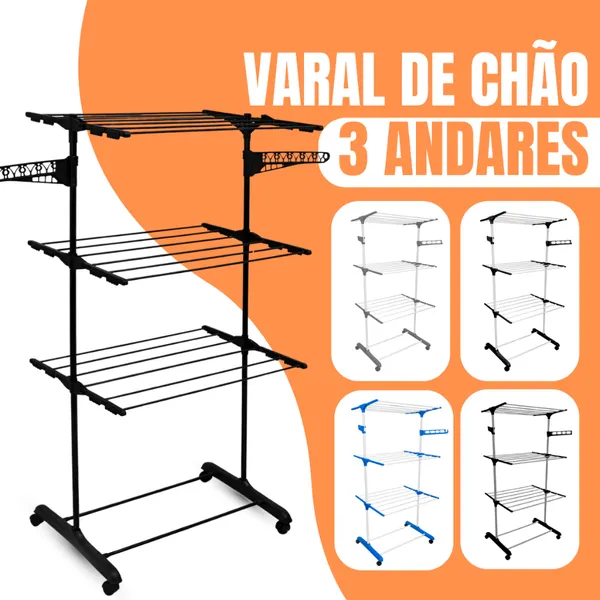 Varal De Chão De Roupas 3 Andares Dobrável Grande ​4 Rodas