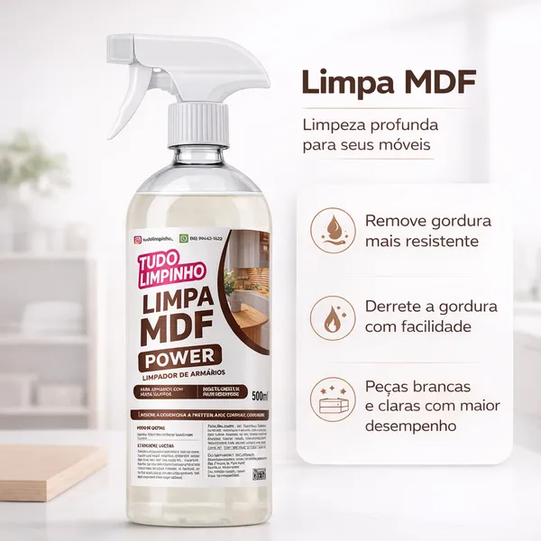 MDF Power Tudo Limpinho 500ml Com Spray Limpeza de Móveis Remove Sujeira Gordura Não Danifica